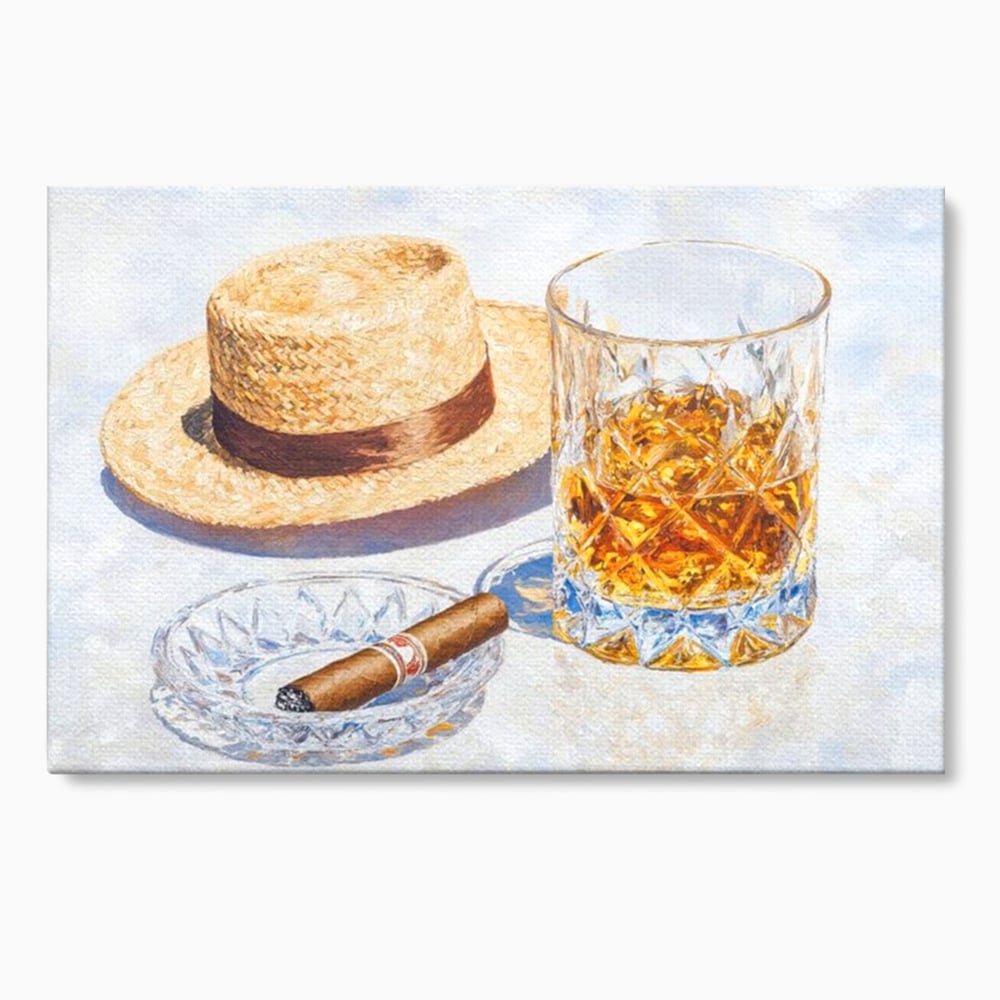 Tablou canvas cu natura statica cu palarie si pahar de whisky, fara rama, pe sasiu de lemn